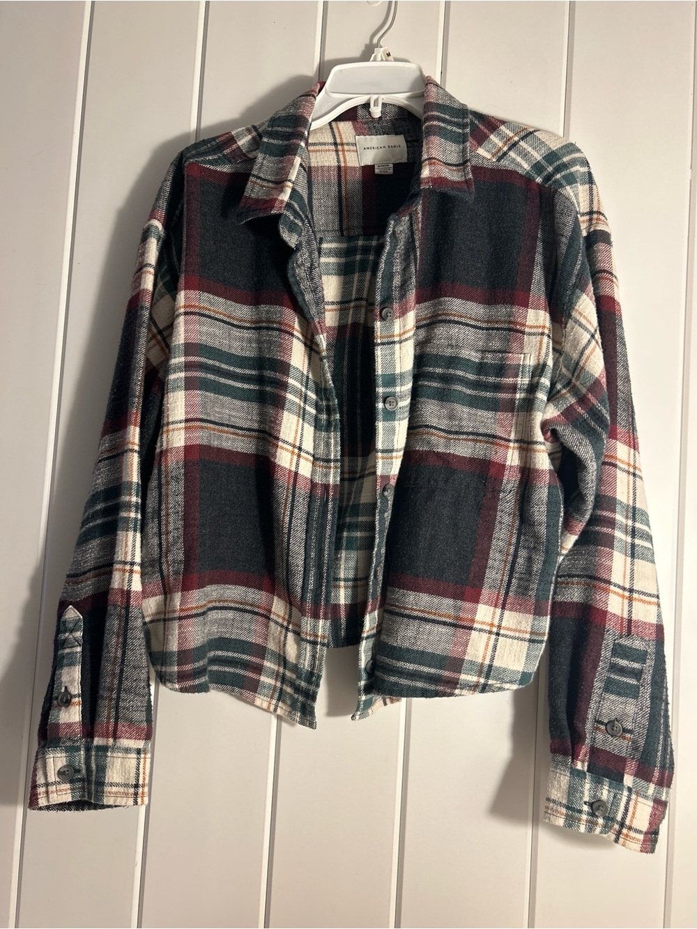 American Eagle shirt women’s XL Cropped plaid flannel XL crop top maroon green - Picture 16 of 16